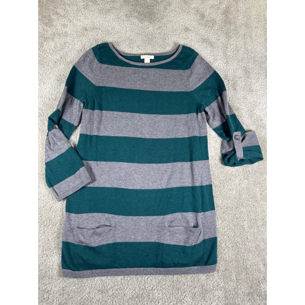 Caslon Teal Green Gray Striped Tunic Sweater Button Tab Sleeve Petite Small